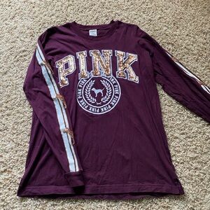 Victoria’s Secret PINK long sleeve logo shirt. Maroon with rose gold sequins.